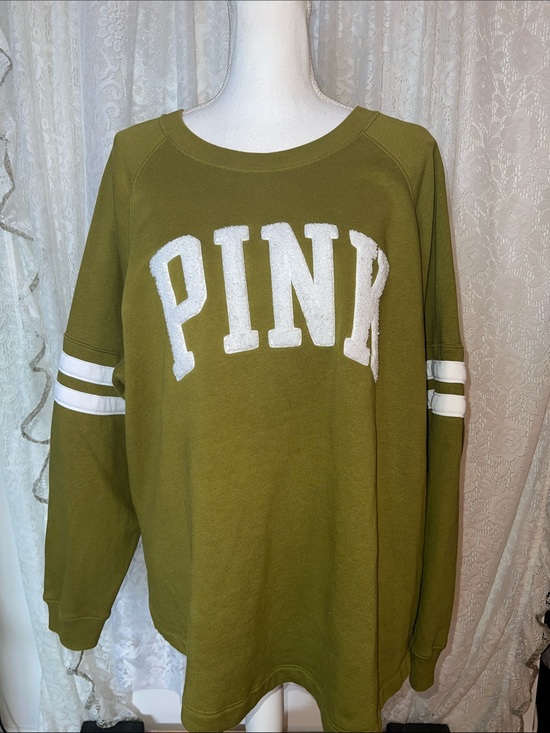 PINK Victoria's Secret Tops - VS PINK Olive Green Crewneck Sweatshirt with White Lettering